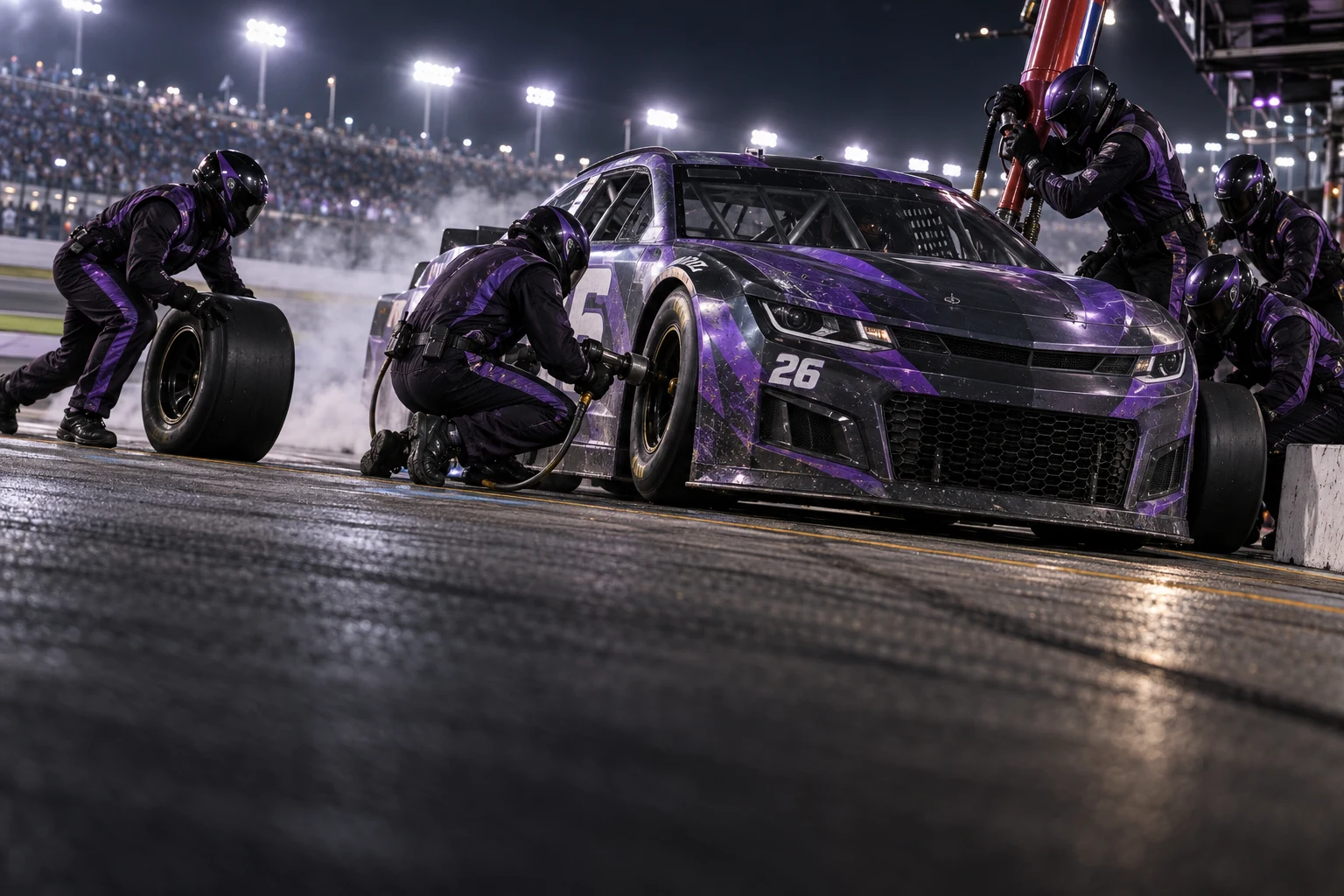 Crew servicing a stock car under the lights — concept art