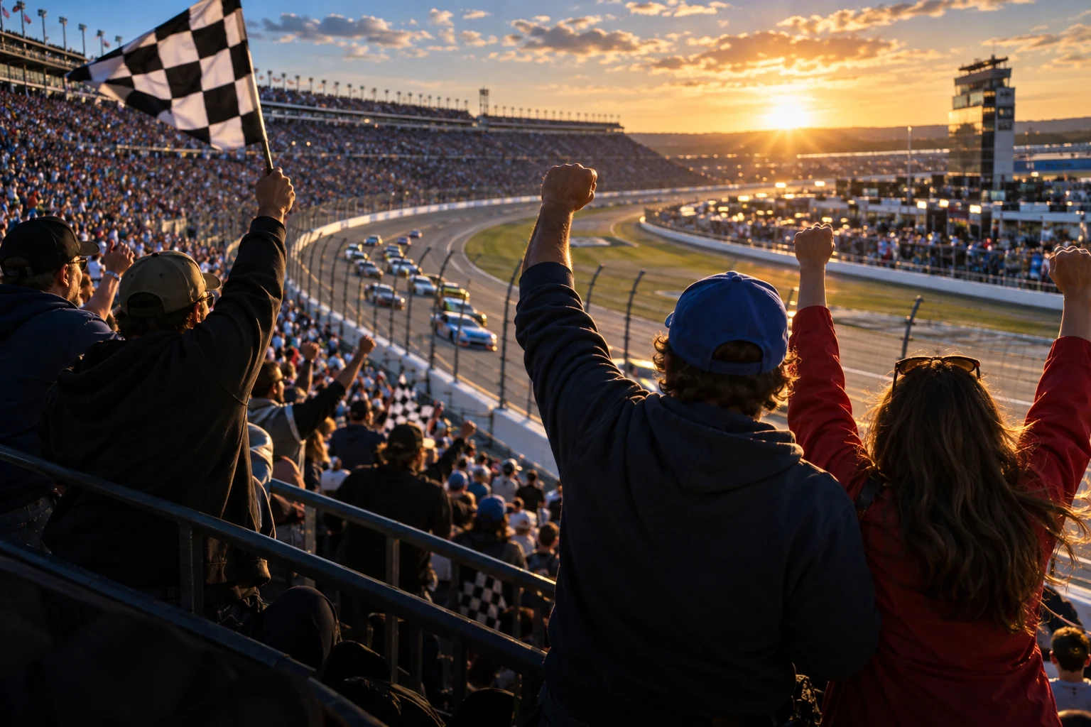 Fans cheering together beside the racetrack — concept art