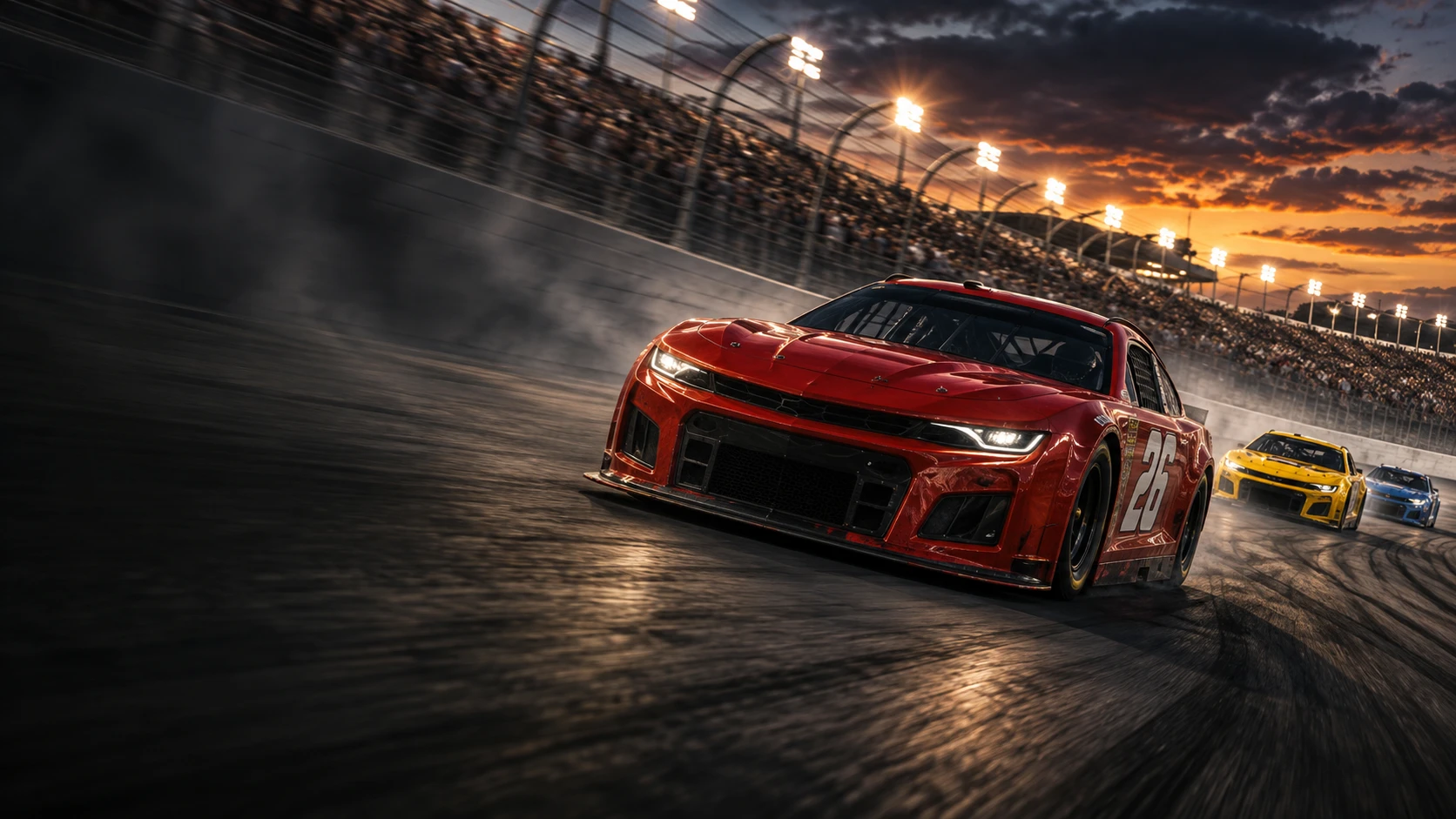Three stock cars charging through a banked speedway at sunset — original racing concept art